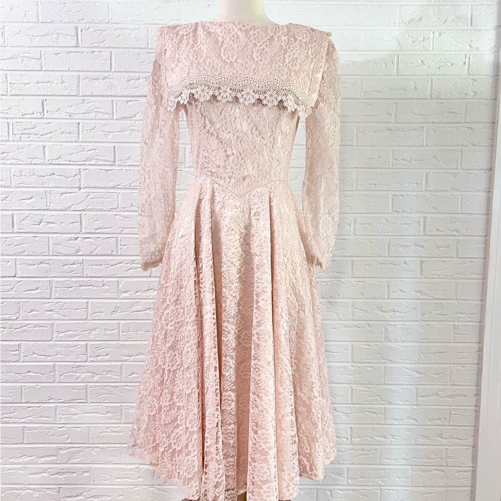 VINTAGE Gunne Sax Pink Lace Bib 80’s Dress Size 7
